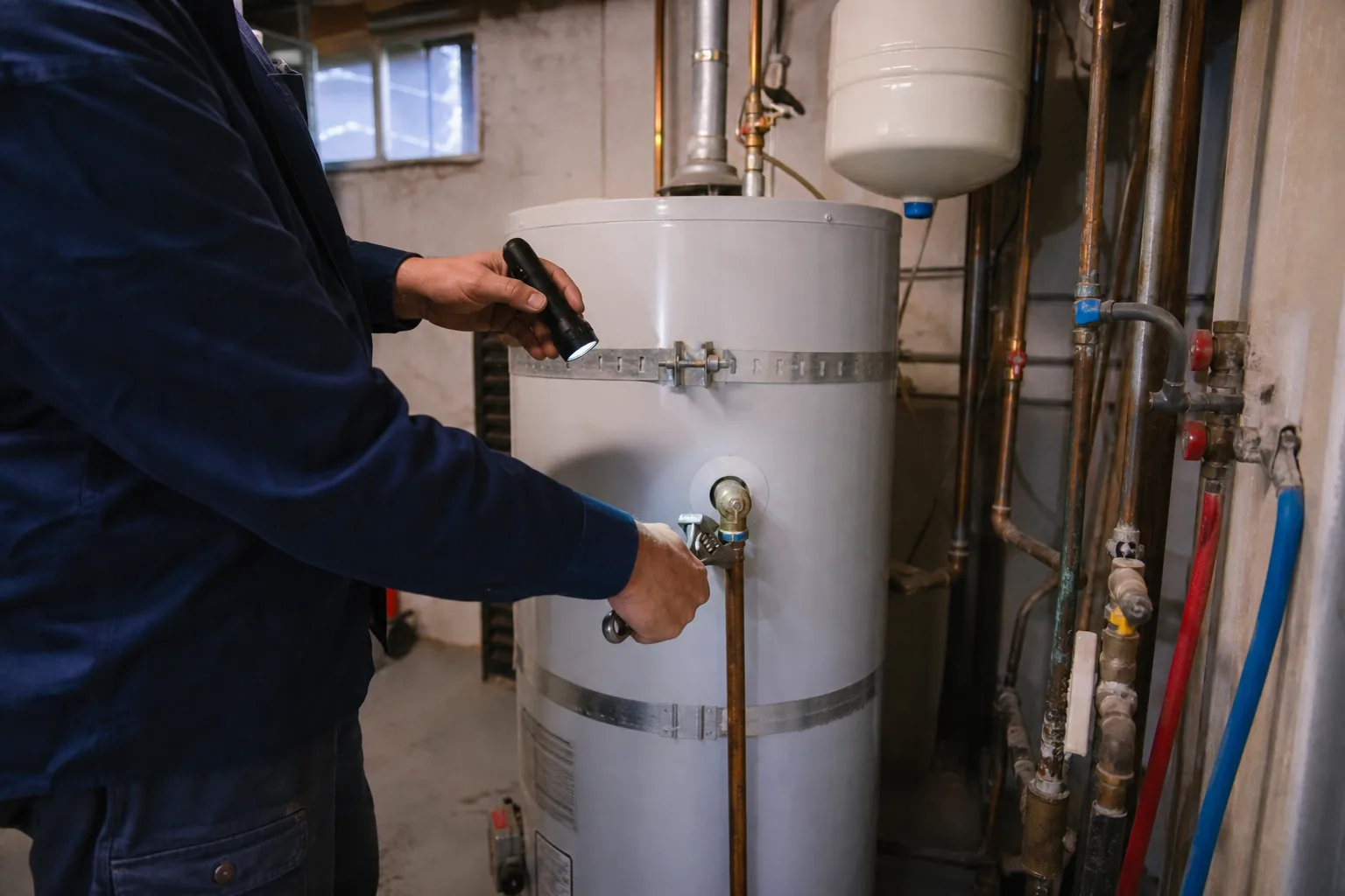 Licensed plumber working on a water heater in Everett