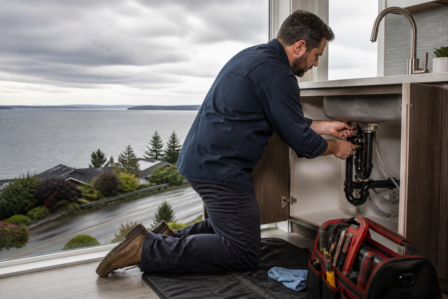 Plumber at a Harborview Everett home with Puget Sound views