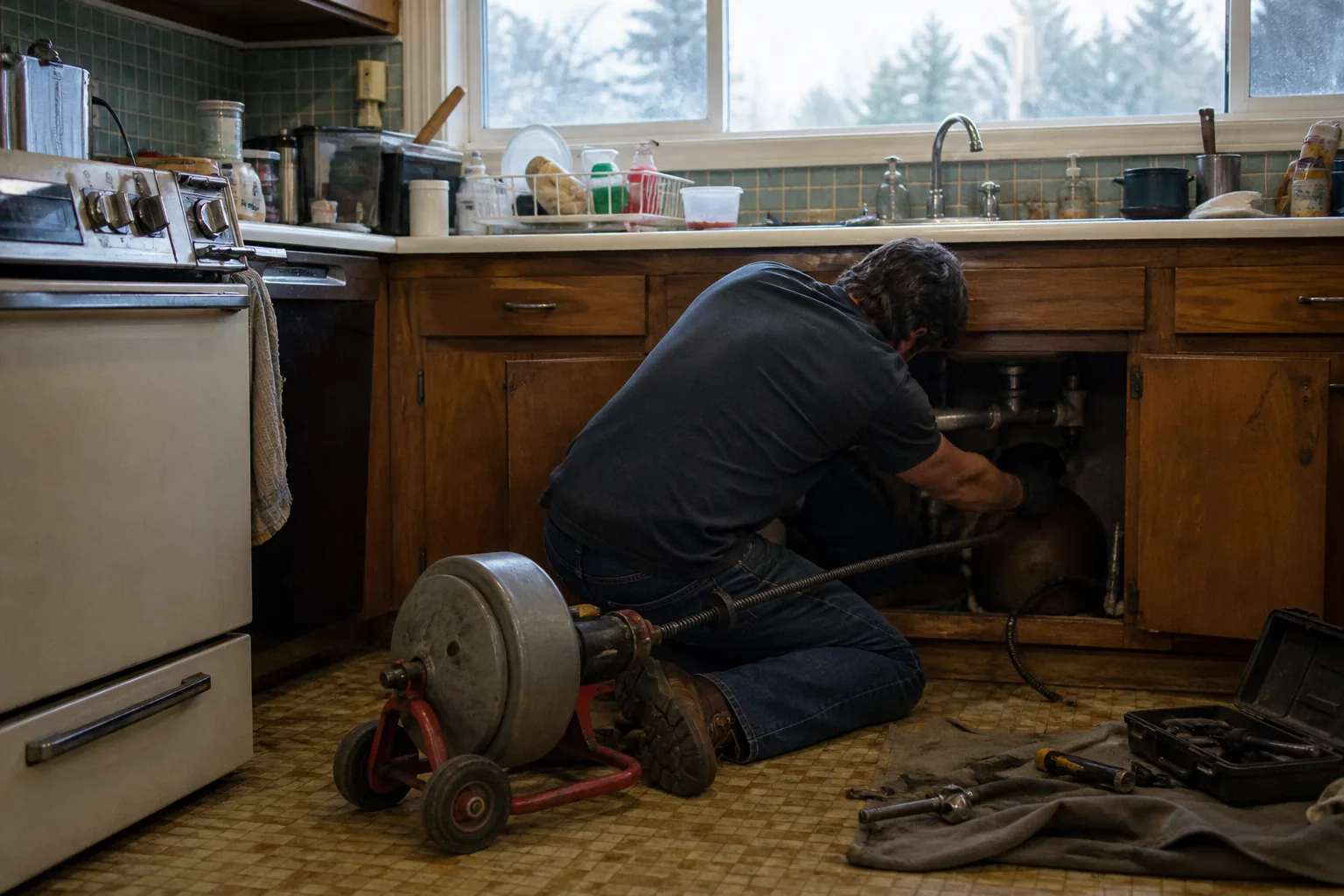 Plumber running a cable machine under a kitchen sink