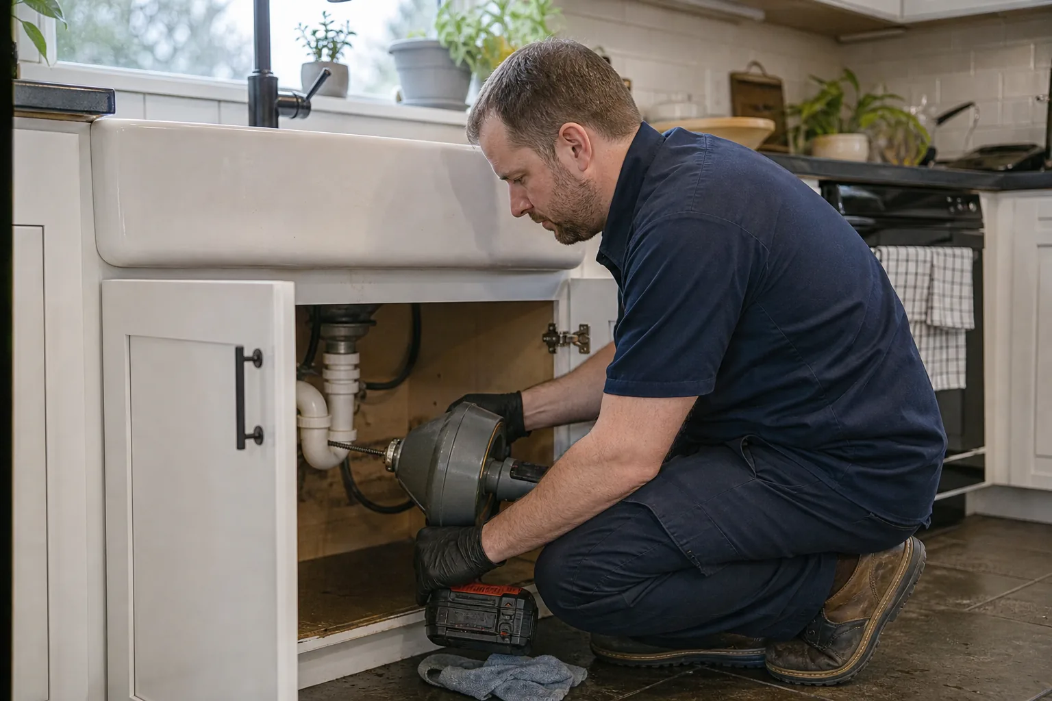 Plumber clearing a residential drain in Everett