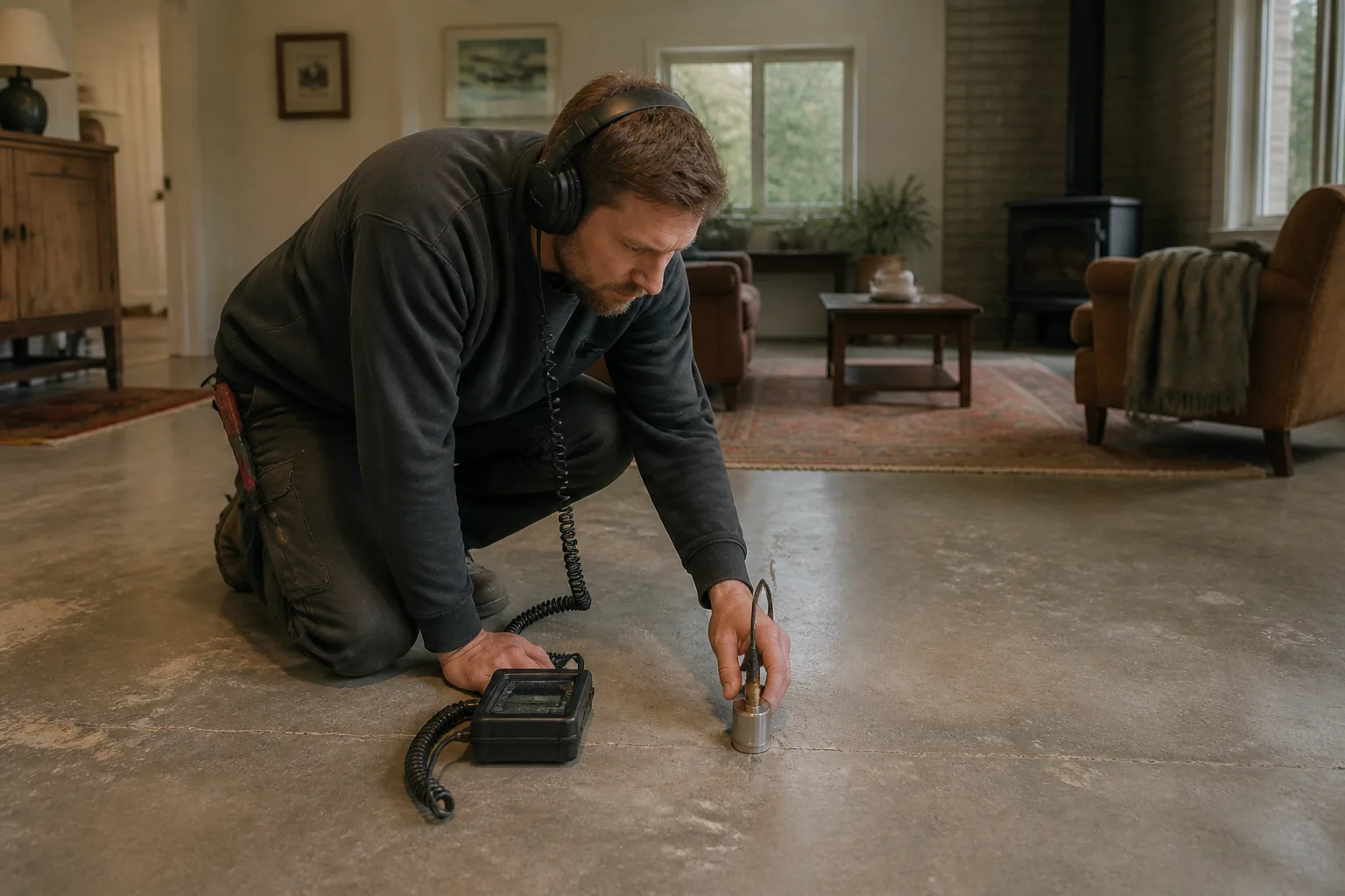 Plumber using acoustic leak detection on a concrete slab