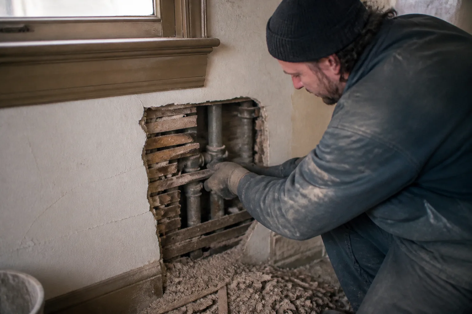Plumber opening a small plaster access to reach galvanized pipes